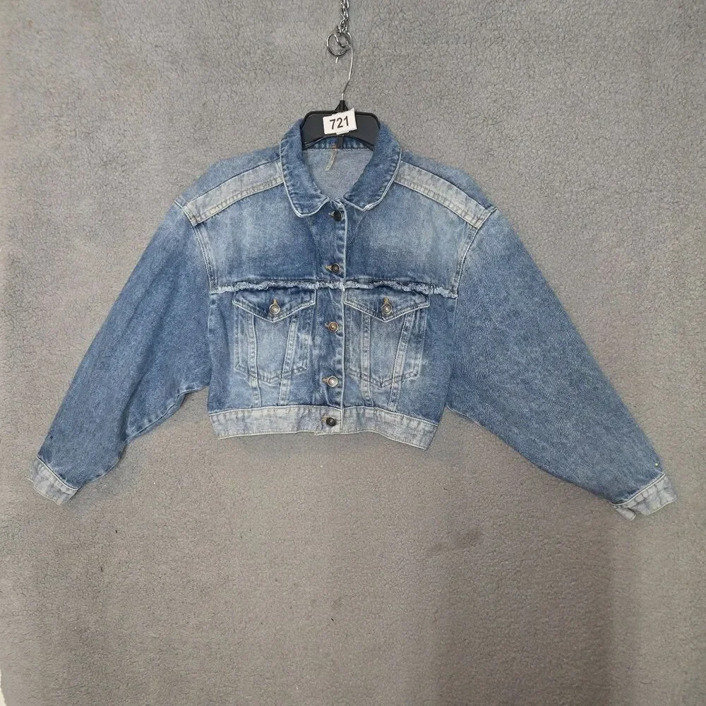 Free People We the Cropped Denim Jacket Womens Blue Frayed Cinch Back 100% M